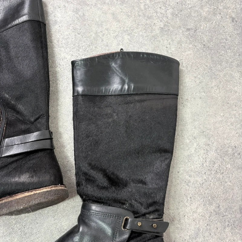 Black leather cowhide pony skin knee high boots