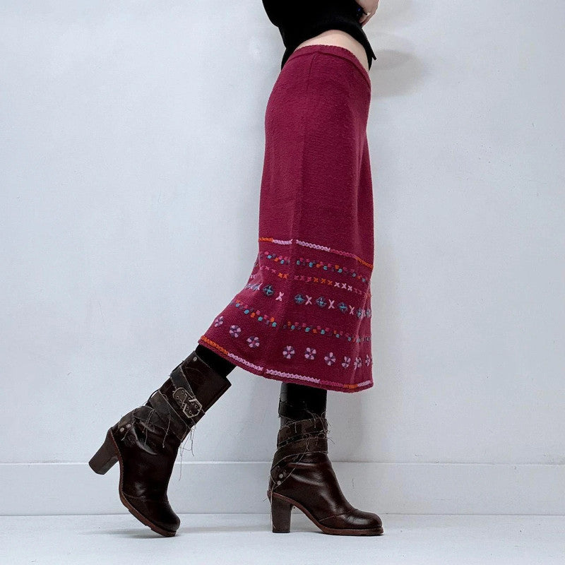 pink hippie knitted embroidered midi skirt