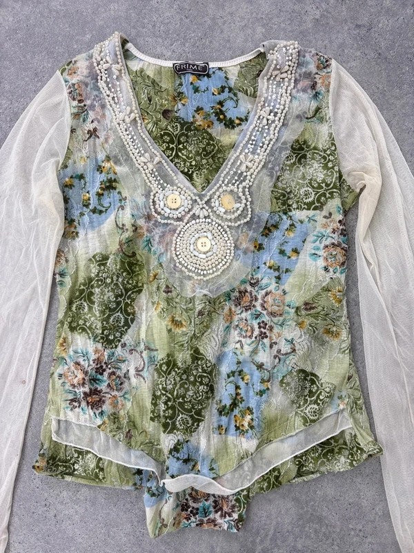 Mesh boho flare paisley print blouse t-shirt