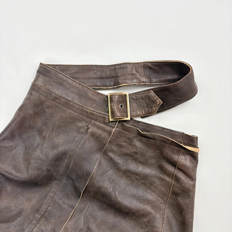 chocolate brown leather a-line midi skirt