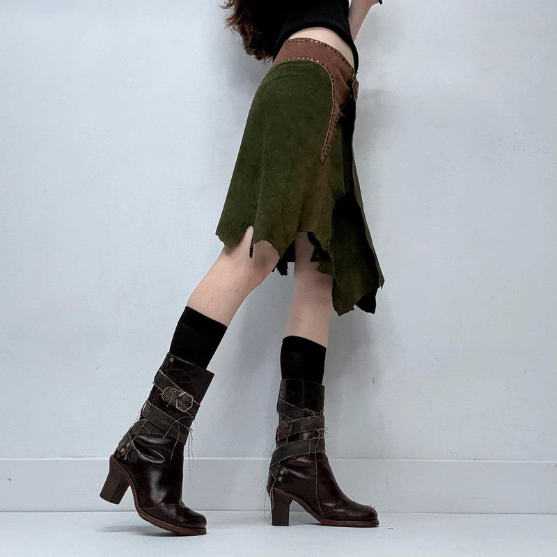 khaki green studded boho leather skirt belt