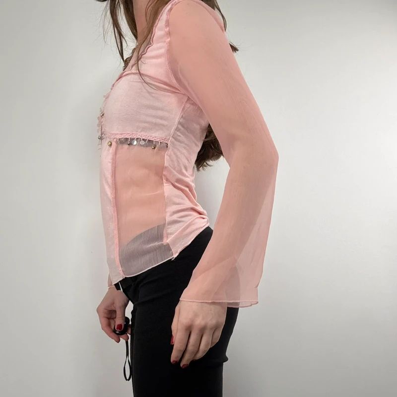 pink flared long sleeve t-shirt