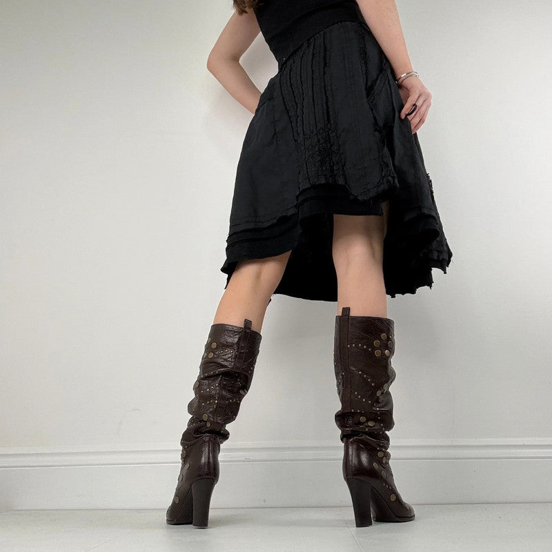distressed black linen asymmetric flared midi skirt