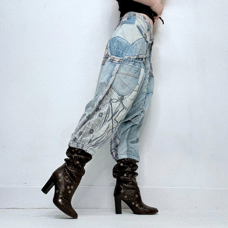 archival grunge patchwork denim puff trousers