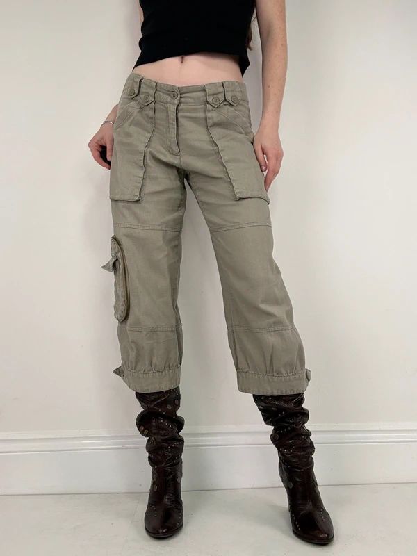 khaki linen cropped pleated capri utility pants