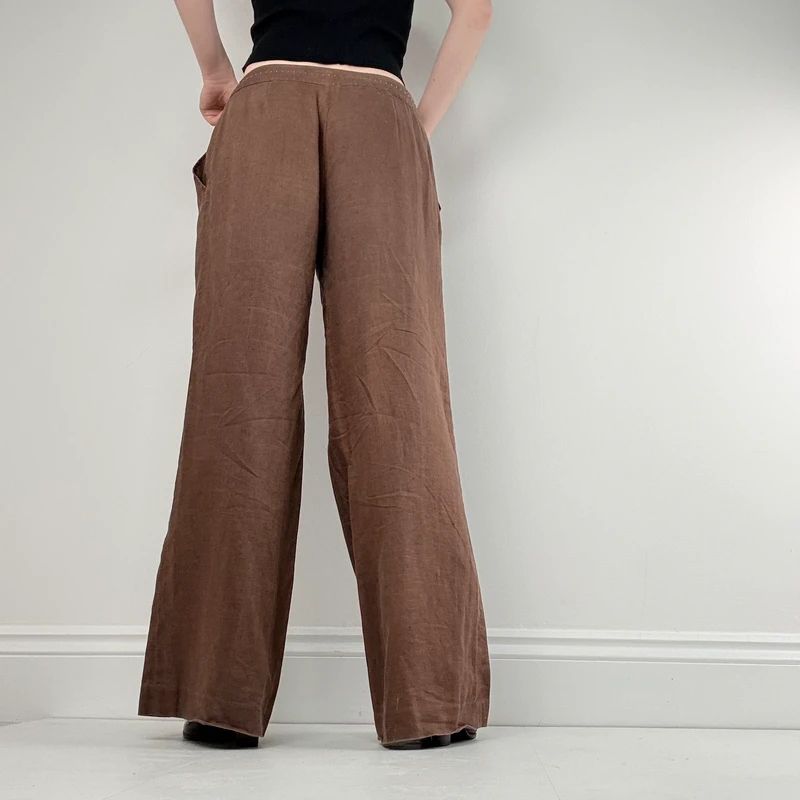wide leg brown linen trousers