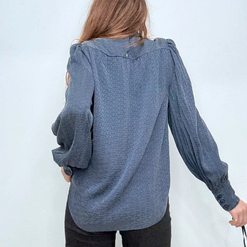 navy silk puff textured blouse
