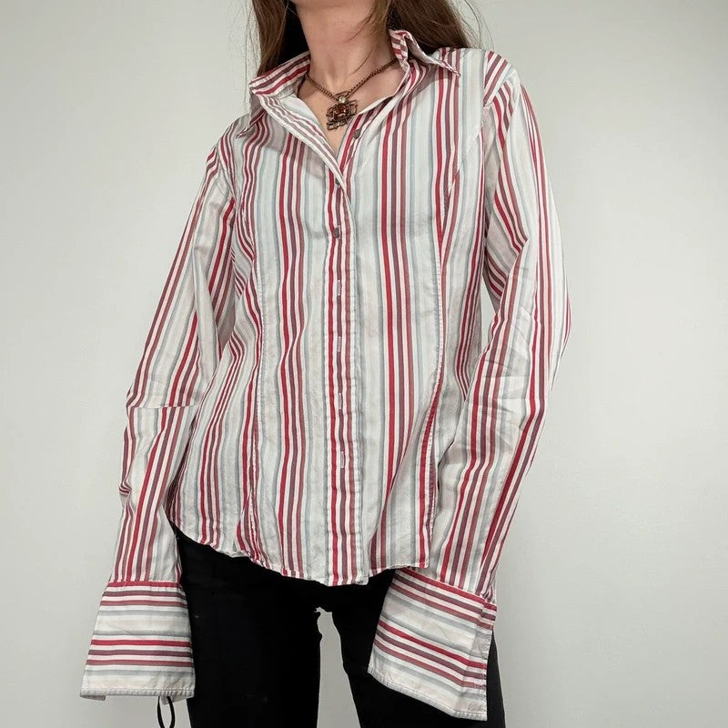 pinstripe preppy fitted flared white and red shirt