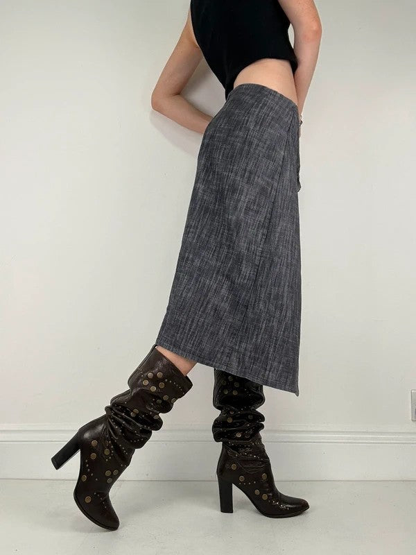Pleated buckle front denim grunge midi skirt
