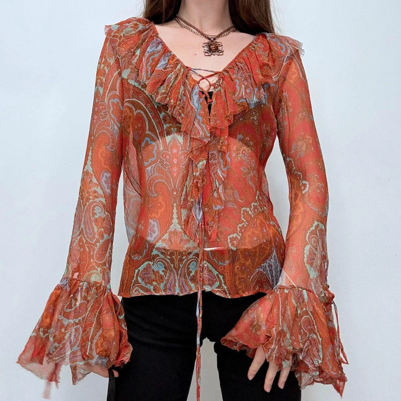 paisley sheer silk flared ruffle shirt