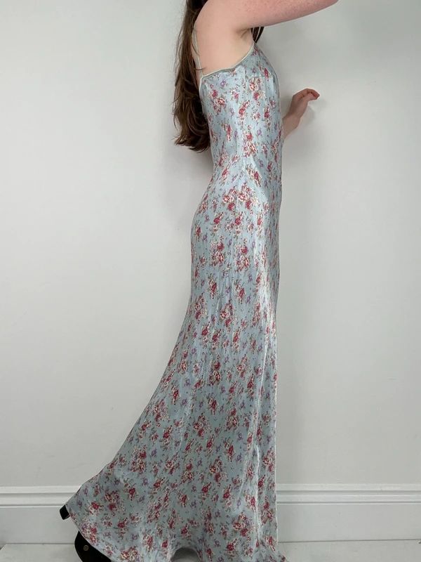 vintage bias cut baby blue floral dress