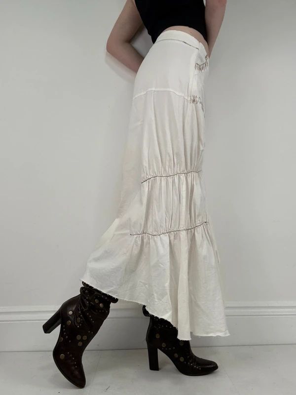 pleated white asymmetric flared maxi skirt