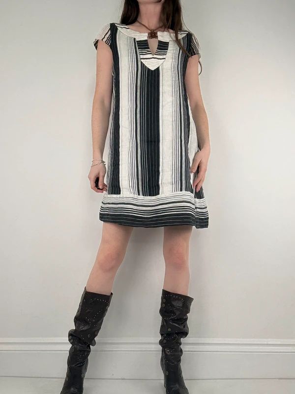 black and white linen pinstripe a-line mini dress