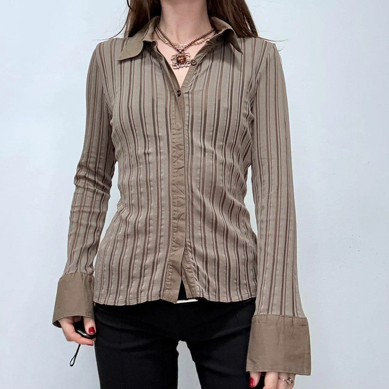 brown pinstripe flared shirt
