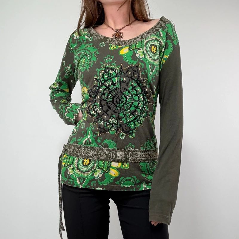 Khaki Paisley Boho Long Sleeve T-Shirt