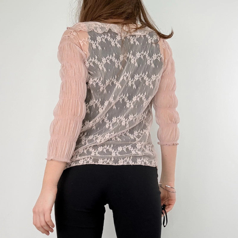 Pale pink floral lace gathered cinched blouse