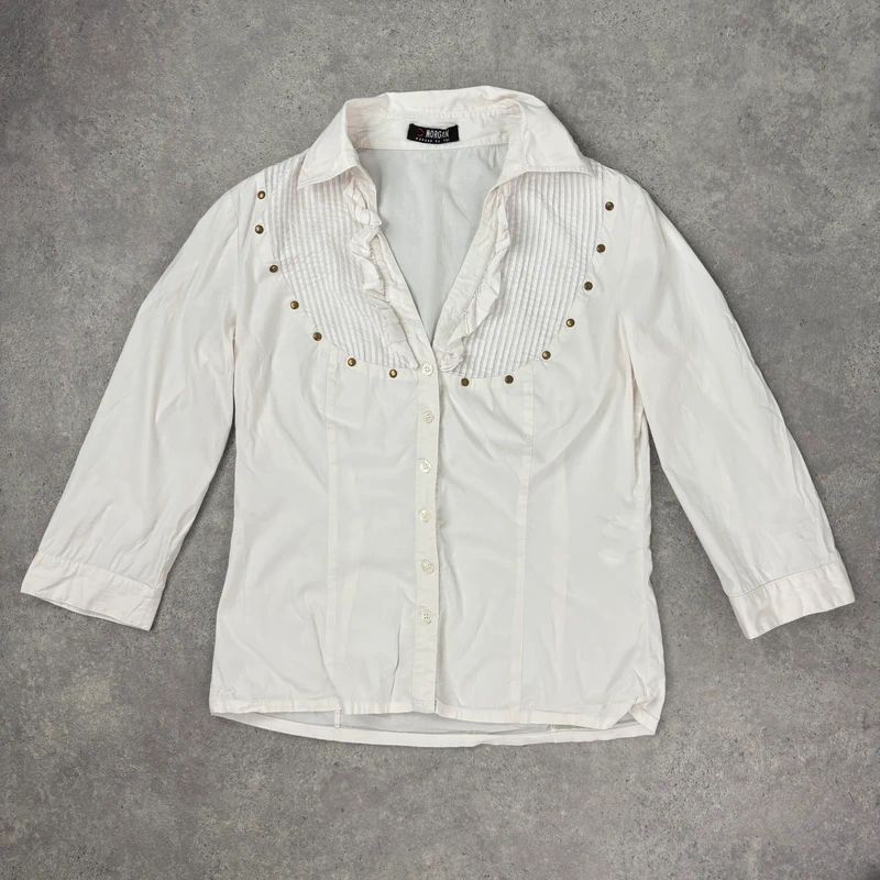 white pleated studded cotton napoleonic Morgan shirt