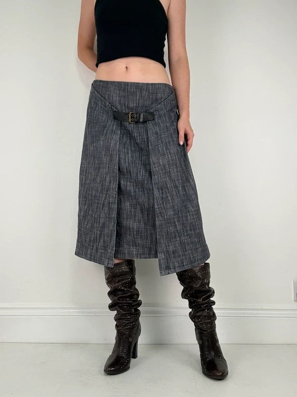 Pleated buckle front denim grunge midi skirt