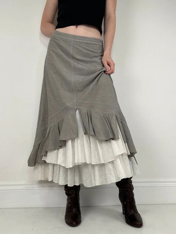 Pleated flared layered ruffle maxi skirt