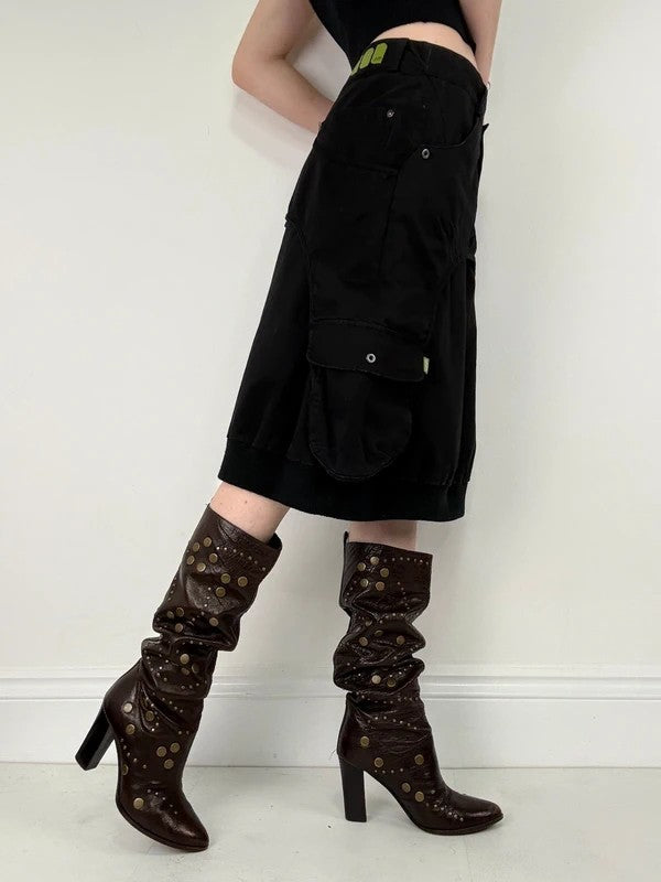 black layered utility midi skirt