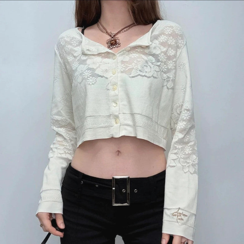 Cropped lace pointelle cardigan