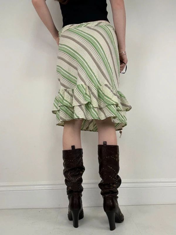 Pinstripe ruffle boho Y2K midi skirt