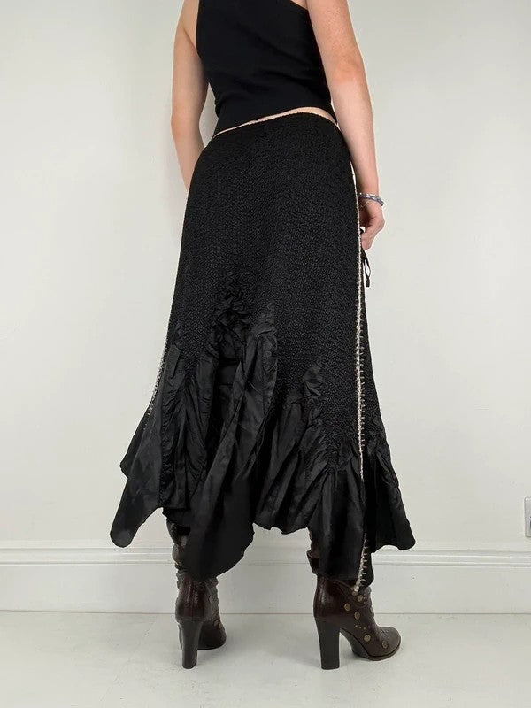 Black crinkle pleated cinched ruffle maxi skirt