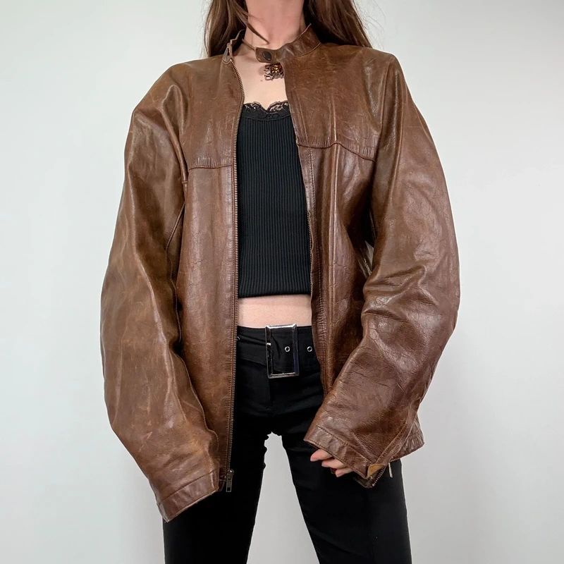 Brown Oversized Leather Bomber Jacket