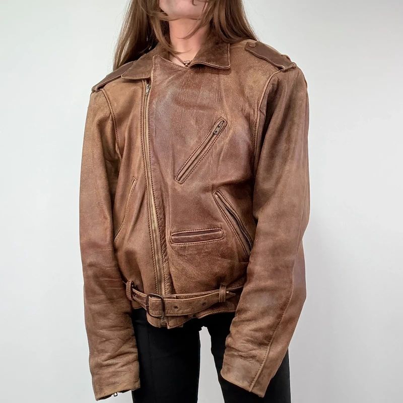 Oversized Brown leather Slouchy Biker Jacket
