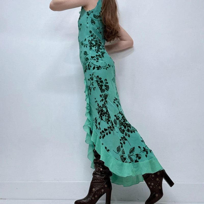 green silk embossed floral monsoon dress