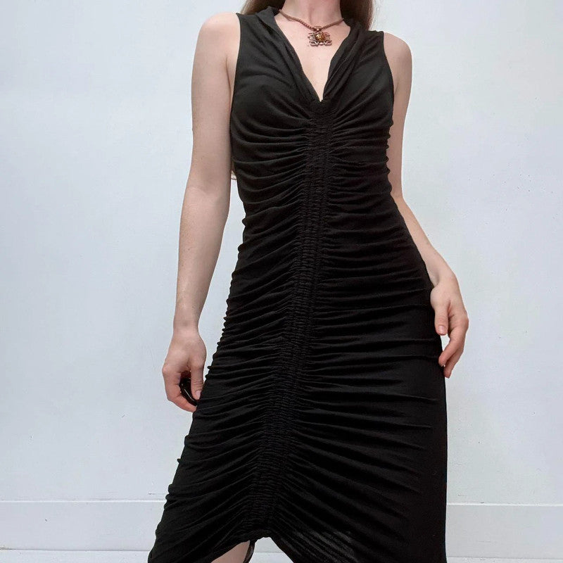 black gathered cinched allsaints silk dress