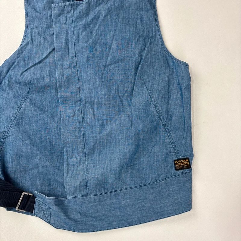 distressed denim asymmetric belted vest