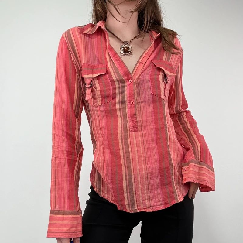 Pinstripe Sheer Flared cotton Cargo Shirt