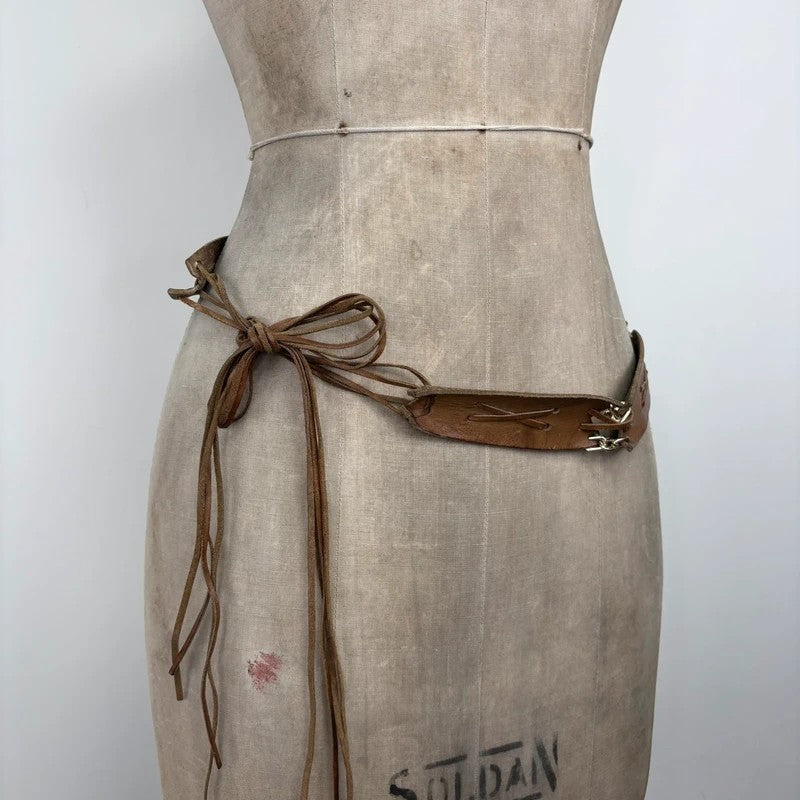 Boho tan leather belt with gold chain and tassel suede