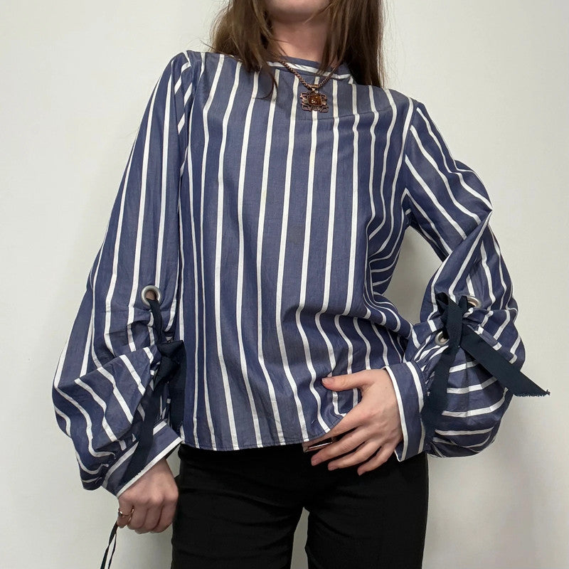 Navy striped balloon puff sleeve shirt