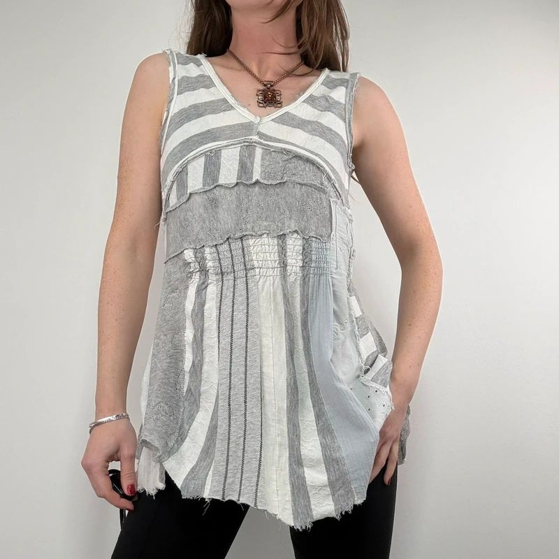 grey striped patchwork asymmetric vest