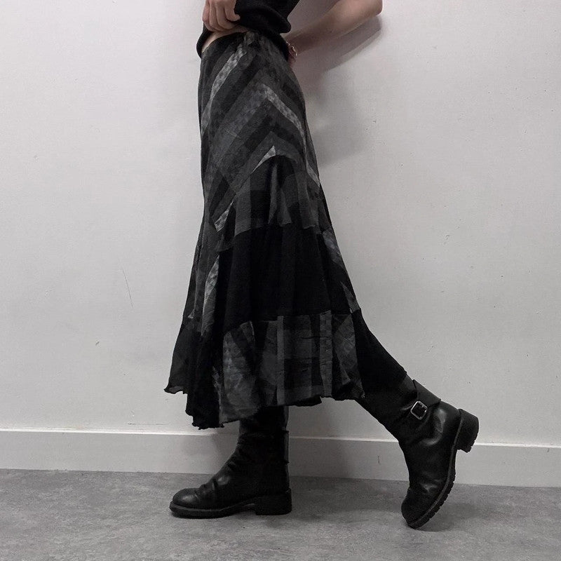 black striped tartan flare maxi skirt