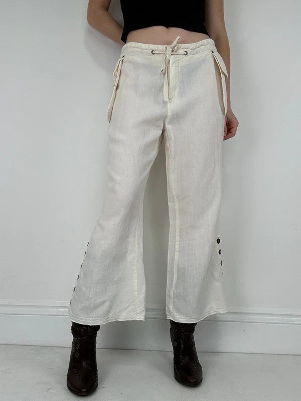 white linen flared utility button trousers