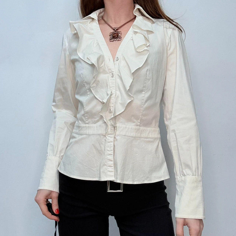 white ruffle fitted shirt