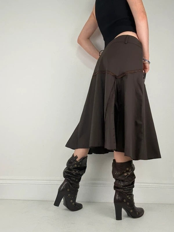 brown asymmetric waistband flared midi skirt