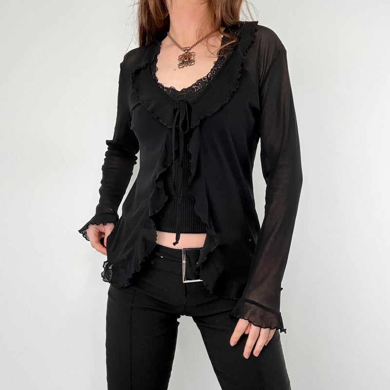 sheer black flutter ruffle top