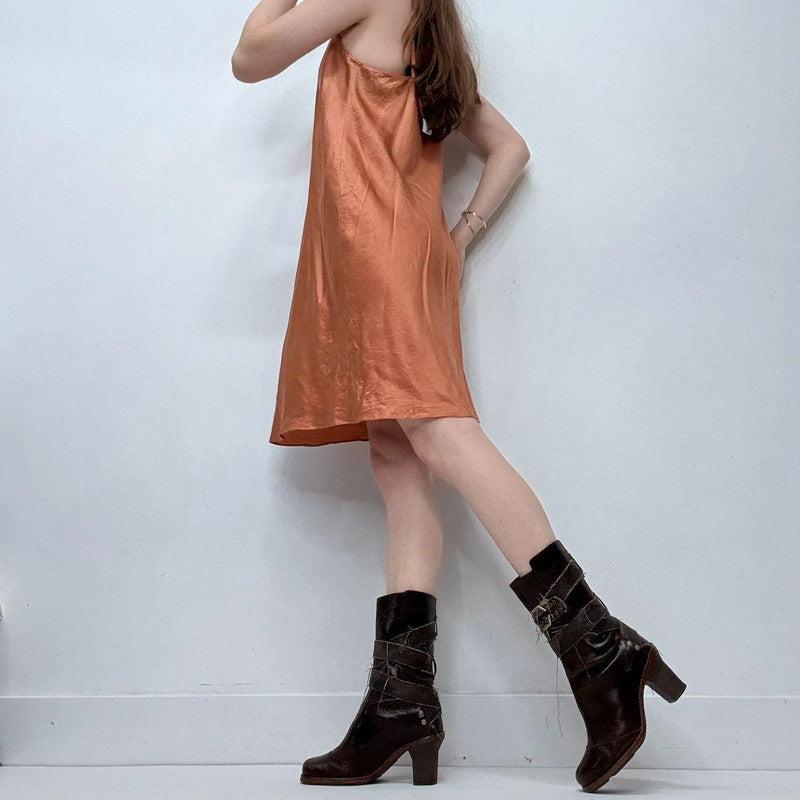 tan flared silk mini cami slip dress