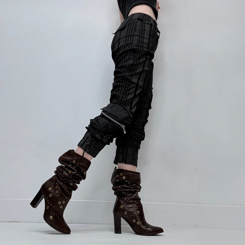 black pinstripe gathered structured cropped trousers