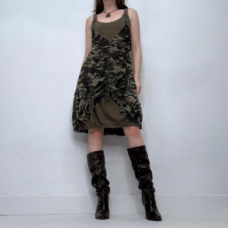 khaki graphic printed layered draped midi dress