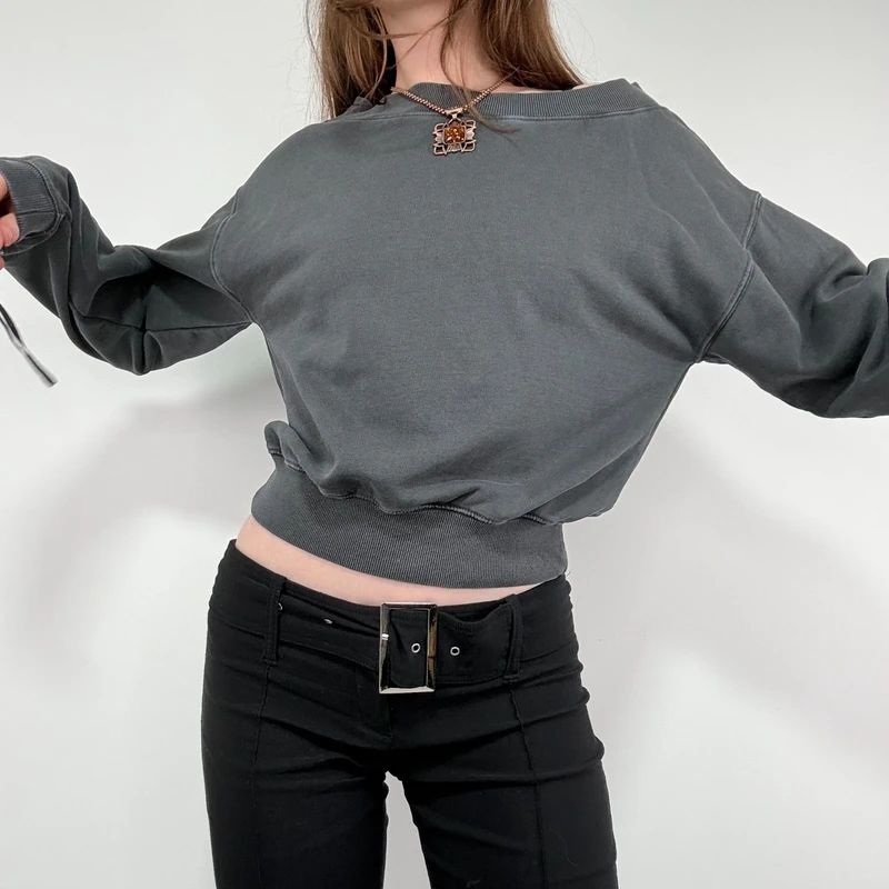 grey slash neck cropped sweater