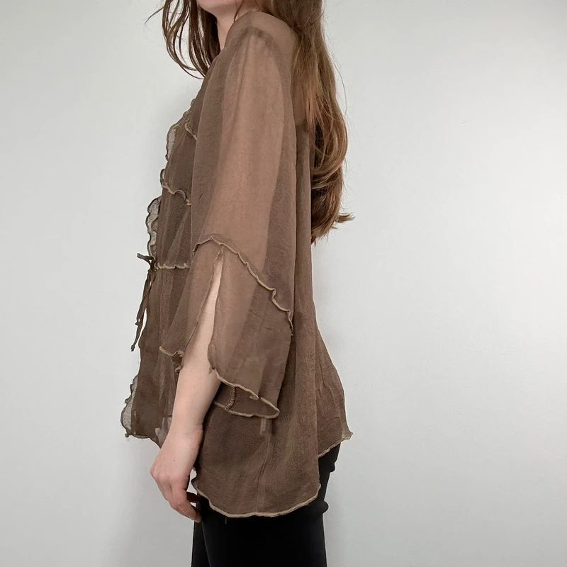 brown ruffle mesh slouchy flare shirt