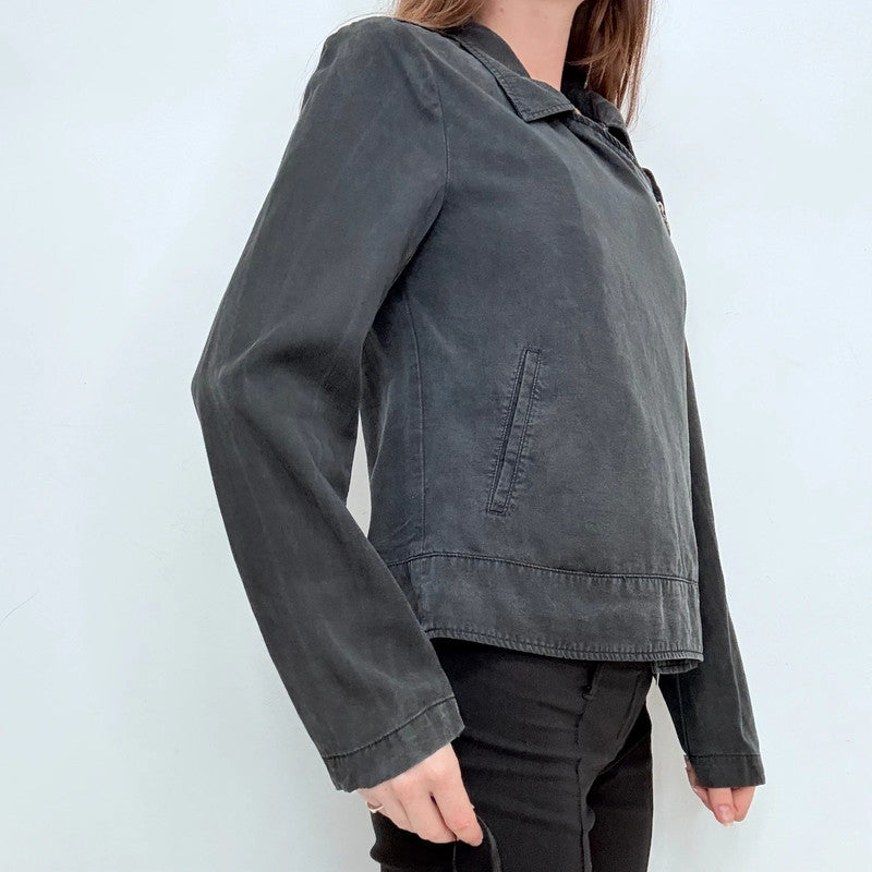 distressed black draped asymmetric jacket