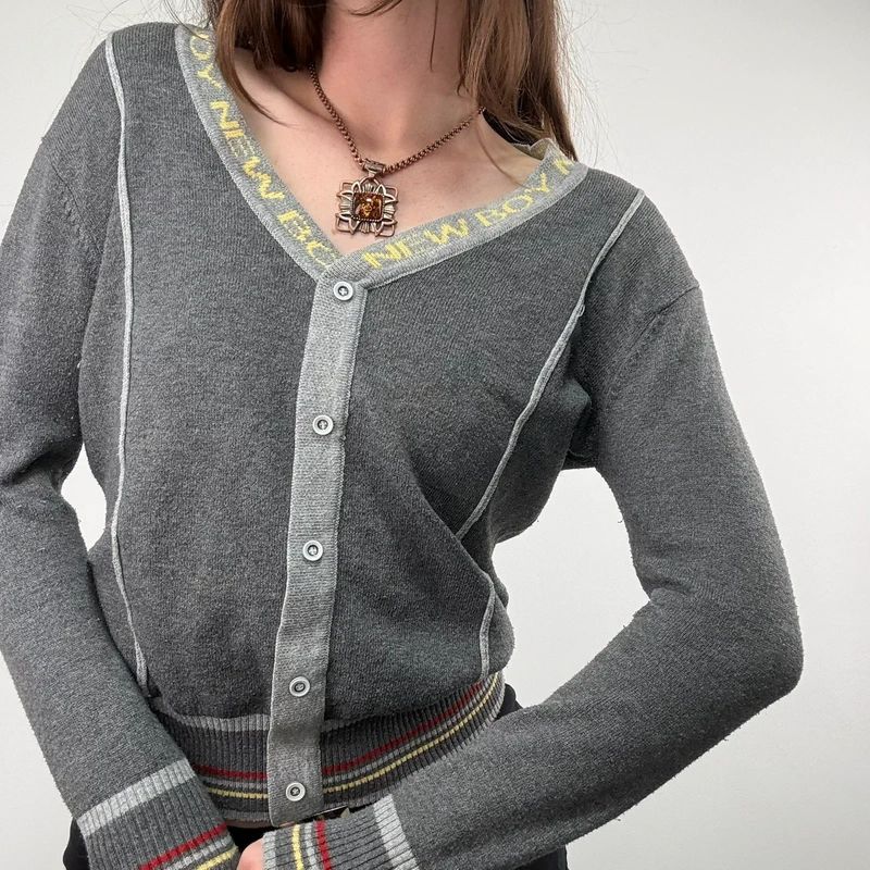 grey cropped knit pinstripe cardigan
