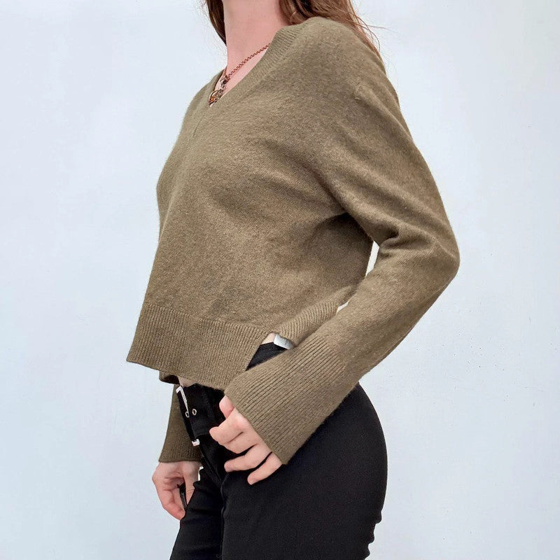 khaki slouchy wool knitted v-neck jumper