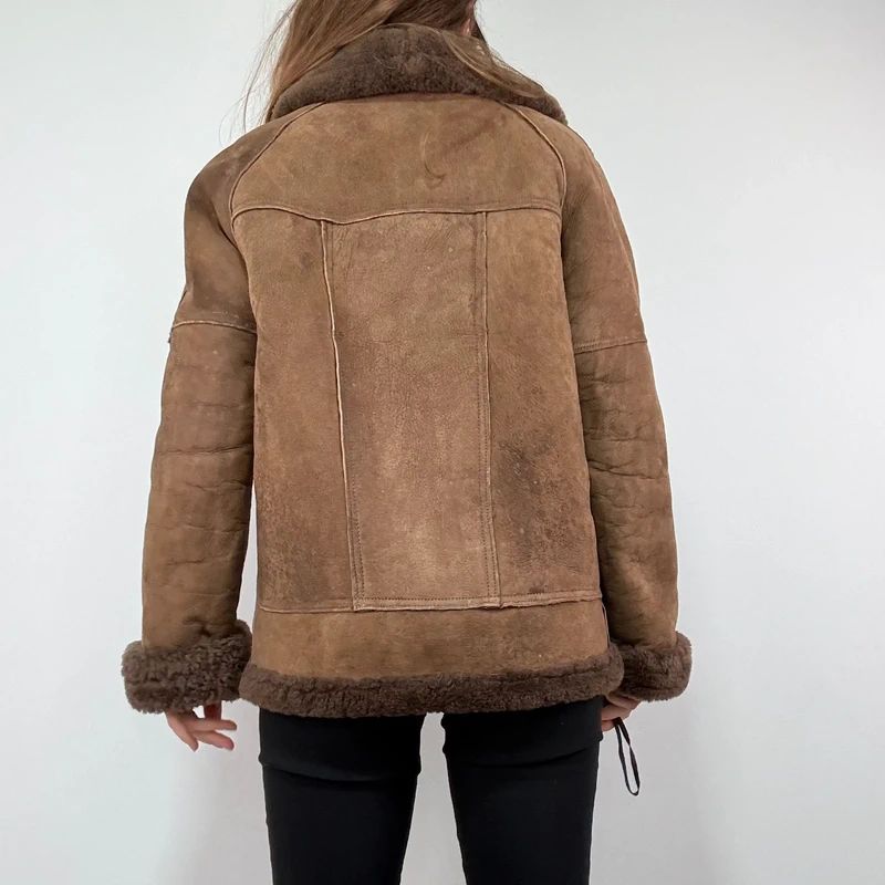 brown shearling aviator vintage jacket with zipper